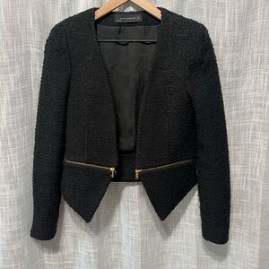 Zara Womens Solid Black Long Sleeve Gold Zipper Blazer Jacket